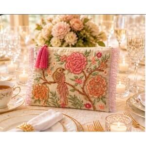 Embroidered Beaded Bird Floral Fringe Clutch Purse Pink Tassel Evening Bag
